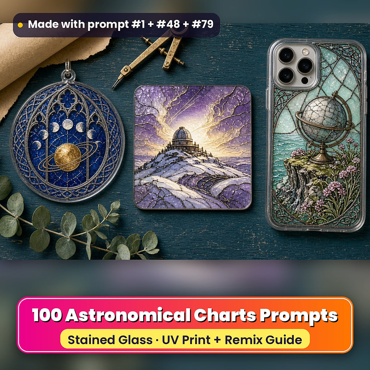 Astronomical Charts stained glass prompt pack: UV-printed suncatcher, coaster and phone case set mockup, made with prompt #1 + #48 + #79