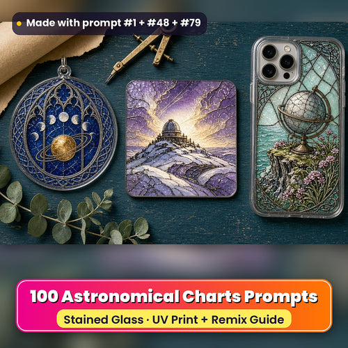 Astronomical Charts stained glass prompt pack: UV-printed suncatcher, coaster and phone case set mockup, made with prompt #1 + #48 + #79