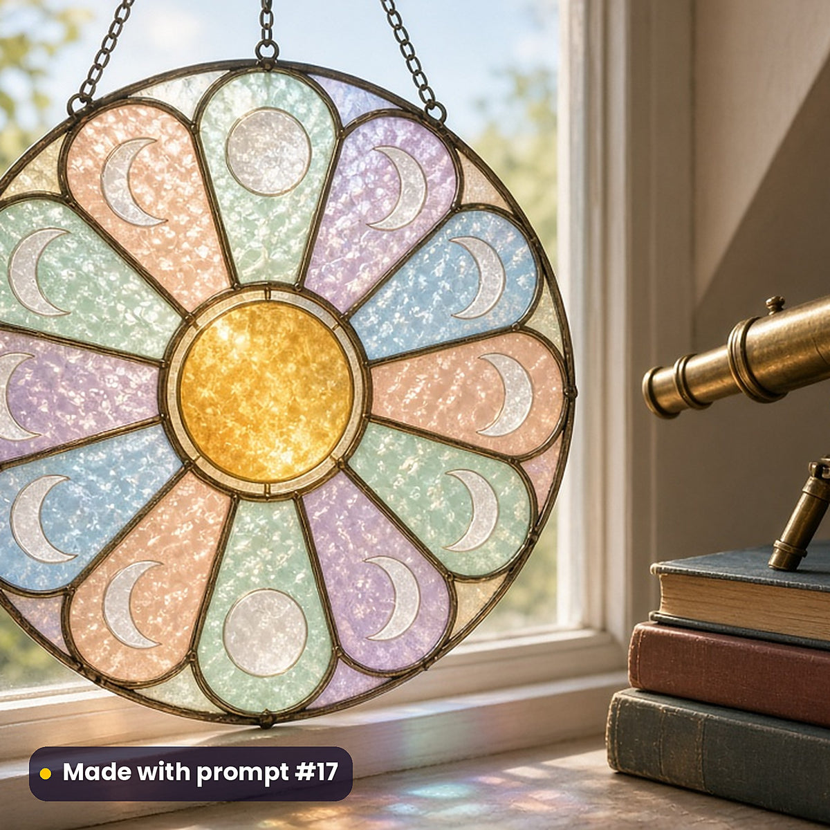 Astronomical Charts stained glass prompt pack: UV-printed acrylic suncatcher in a window mockup, made with prompt #17