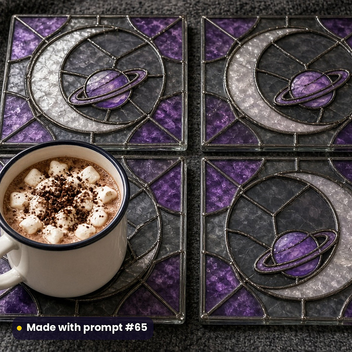 Astronomical Charts stained glass prompt pack: set of UV-printed glass coasters mockup, made with prompt #65