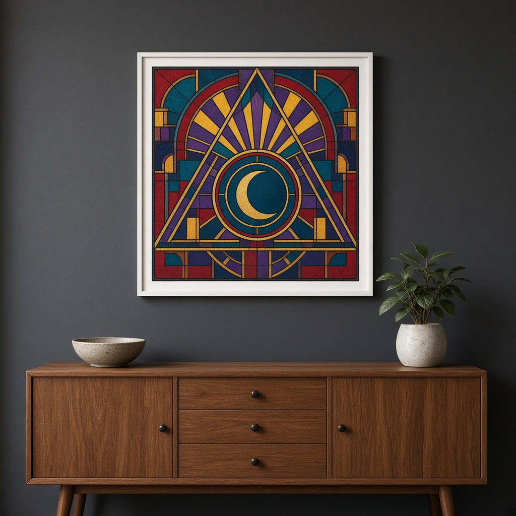 Art Deco stained-glass alchemical geometry of a crescent moon in a circle within a triangle under a sunburst shown as a flat framed print above a sideboard, made with prompt #9