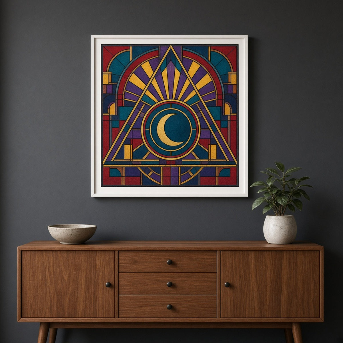 Art Deco stained-glass alchemical geometry of a crescent moon in a circle within a triangle under a sunburst shown as a flat framed print above a sideboard, made with prompt #9