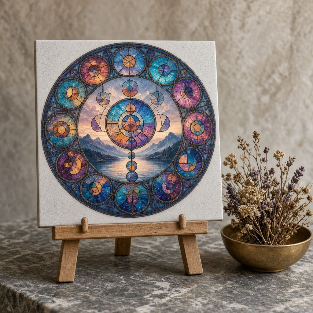 Rose-window stained-glass floating geometric circles and crescents above a misty mountain lake printed flat on a ceramic tile, made with prompt #47