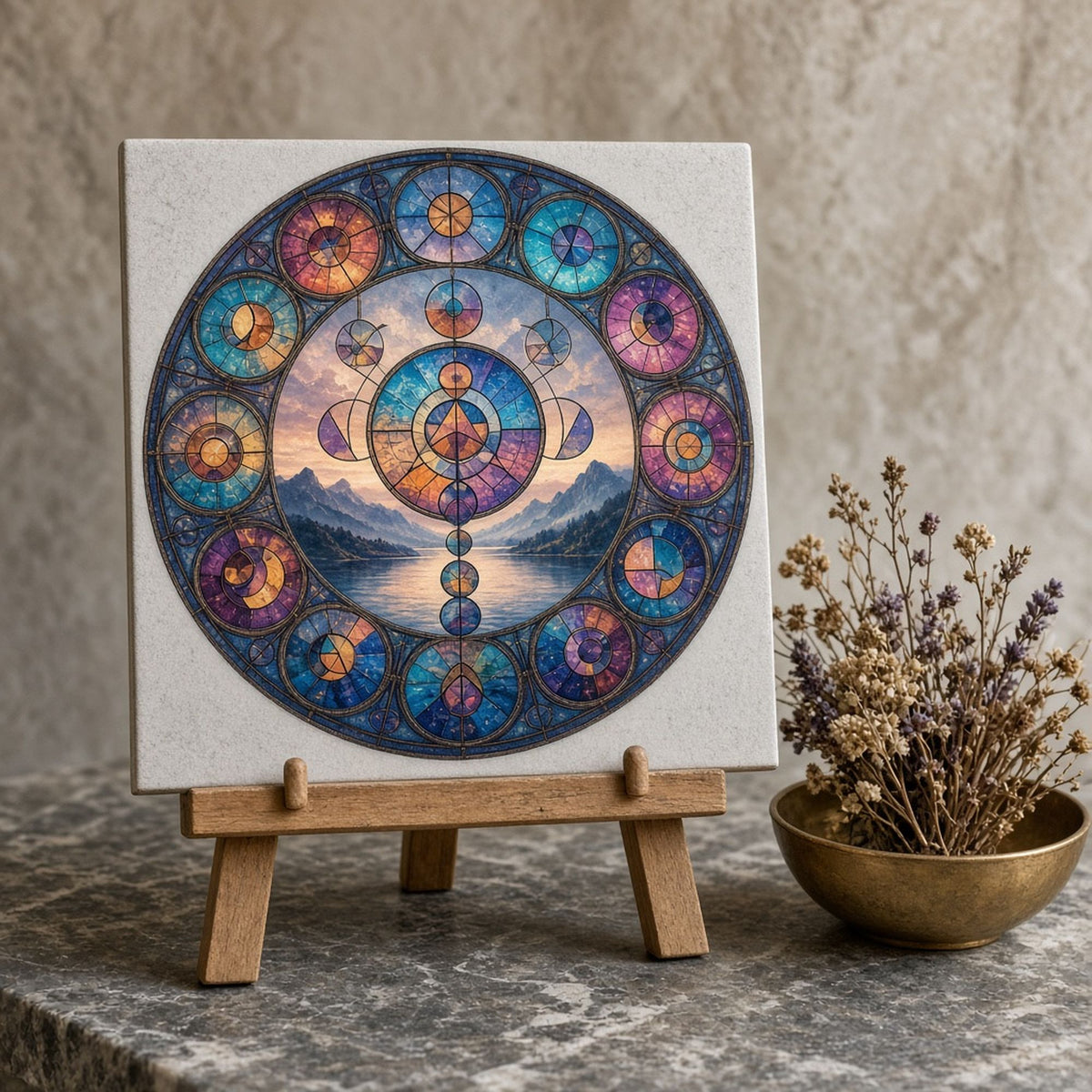 Rose-window stained-glass floating geometric circles and crescents above a misty mountain lake printed flat on a ceramic tile, made with prompt #47