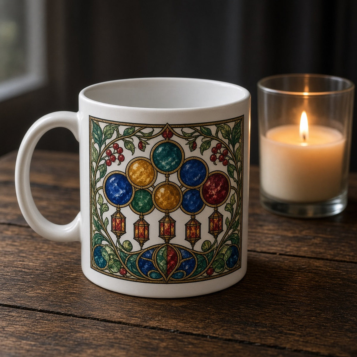 Arts and Crafts stained-glass ring of jewel-coloured orbs with hanging lanterns framed by leafy vines and berries printed flat on a mug, made with prompt #84
