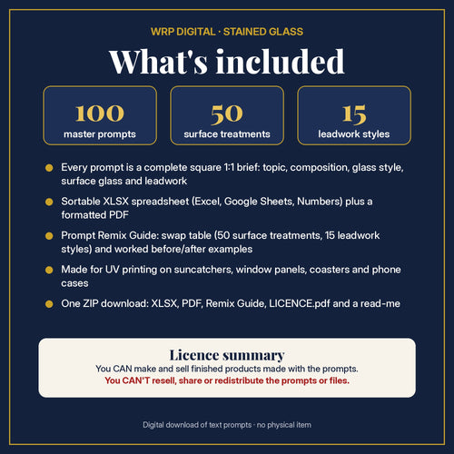 What's included in the Abstract Alchemical Geometry Stained Glass Prompt Pack: 100 master prompts, 50 surface treatments, 15 leadwork styles, XLSX and PDF, Prompt Remix Guide and licence summary