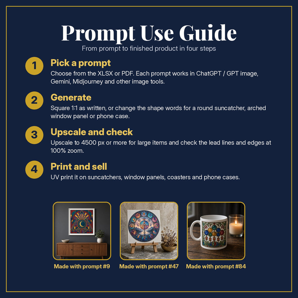 Prompt Use Guide for the Abstract Alchemical Geometry Stained Glass Prompt Pack: pick a prompt, generate, upscale and check, print and sell, with sample products made with the pack's prompts
