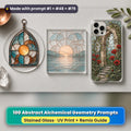 Abstract Alchemical Geometry stained glass prompt pack: UV-printed suncatcher, coaster and phone case set mockup, made with prompt #1 + #48 + #79