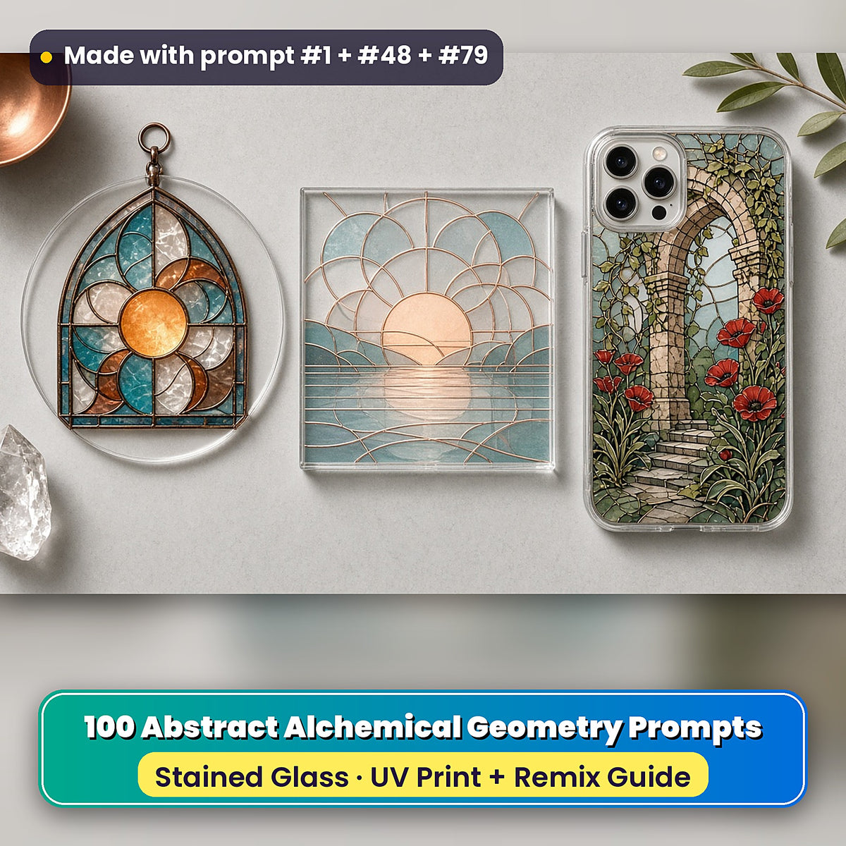Abstract Alchemical Geometry stained glass prompt pack: UV-printed suncatcher, coaster and phone case set mockup, made with prompt #1 + #48 + #79