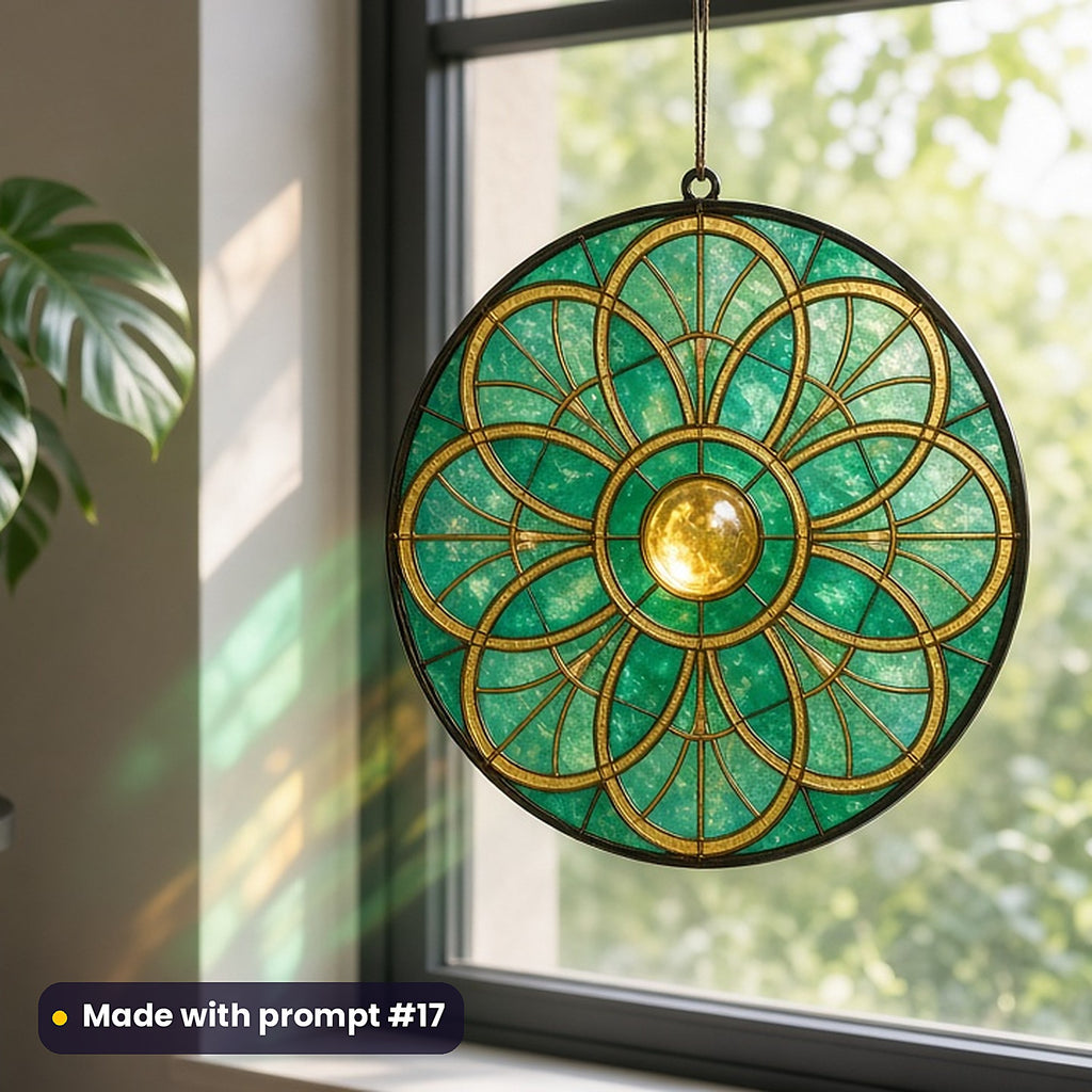 Abstract Alchemical Geometry stained glass prompt pack: UV-printed acrylic suncatcher in a window mockup, made with prompt #17