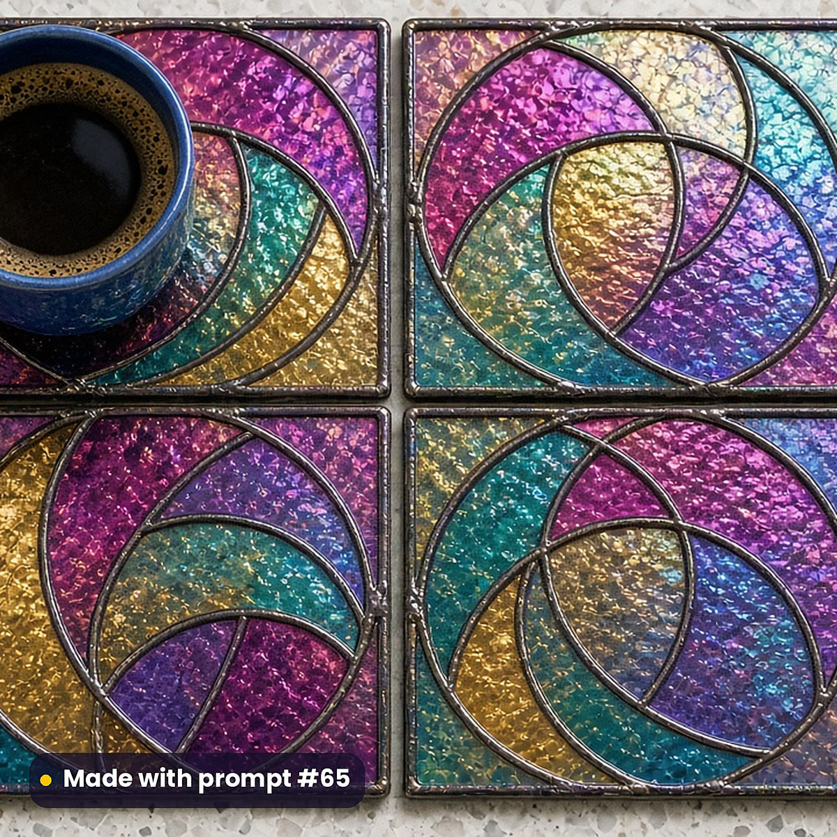 Abstract Alchemical Geometry stained glass prompt pack: set of UV-printed glass coasters mockup, made with prompt #65