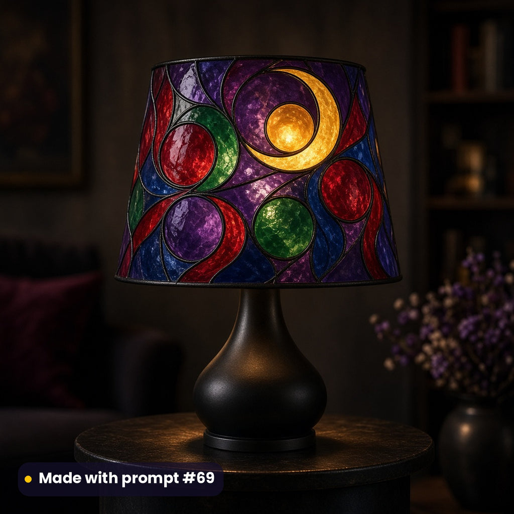 Glowing table lamp with a stained glass shade of a golden crescent moon around an amber orb with overlapping ruby, emerald and amethyst circles on deep purple and sapphire glass, made with prompt #69