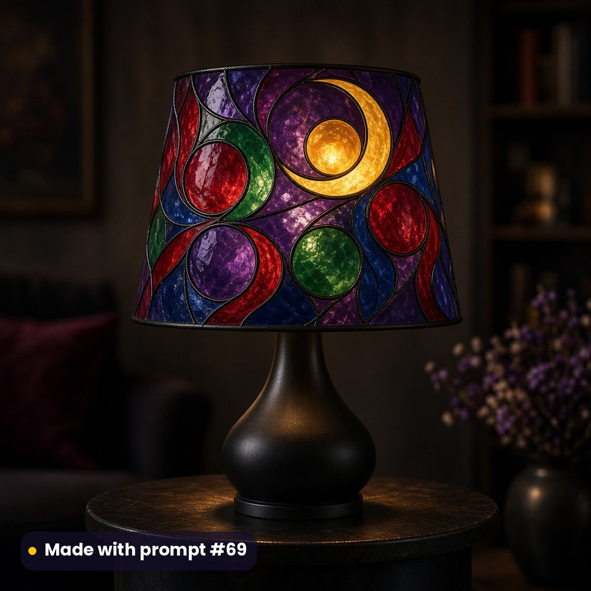Glowing table lamp with a stained glass shade of a golden crescent moon around an amber orb with overlapping ruby, emerald and amethyst circles on deep purple and sapphire glass, made with prompt #69