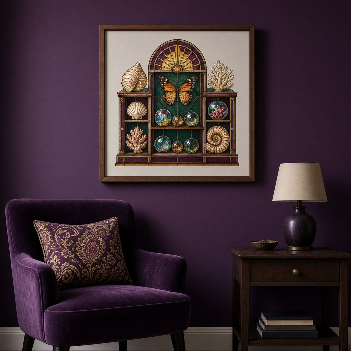 Art Deco stained-glass cabinet of curiosities with seashells, coral, a butterfly, an ammonite and glass orbs shown as a flat framed print in a living room, made with prompt #9