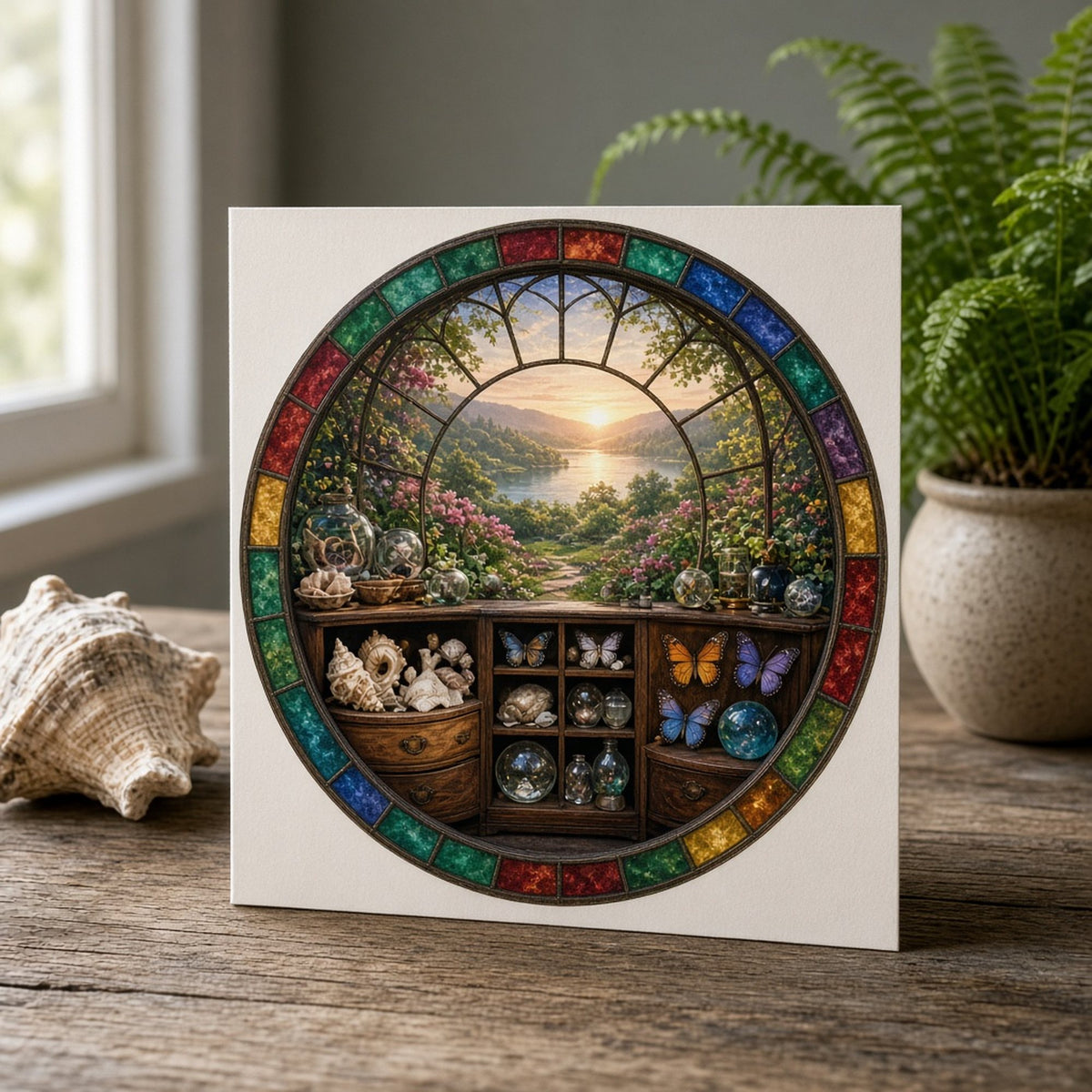 Rose-window stained-glass curiosity cabinet of shells, butterflies and glass orbs opening onto a garden and lake at dawn printed flat on a greeting card, made with prompt #47