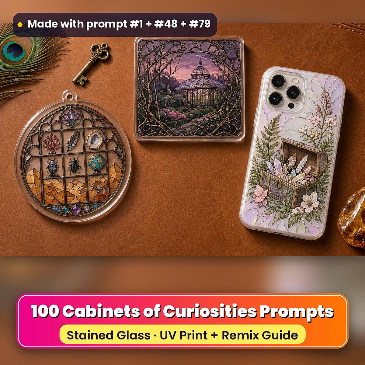 Cabinets of Curiosities stained glass prompt pack: UV-printed suncatcher, coaster and phone case set mockup, made with prompt #1 + #48 + #79