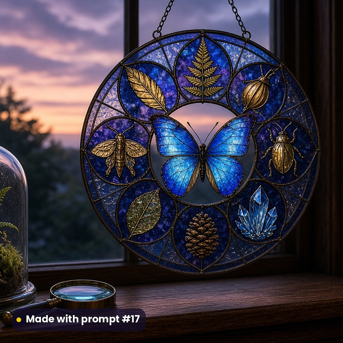 Cabinets of Curiosities stained glass prompt pack: UV-printed acrylic suncatcher in a window mockup, made with prompt #17