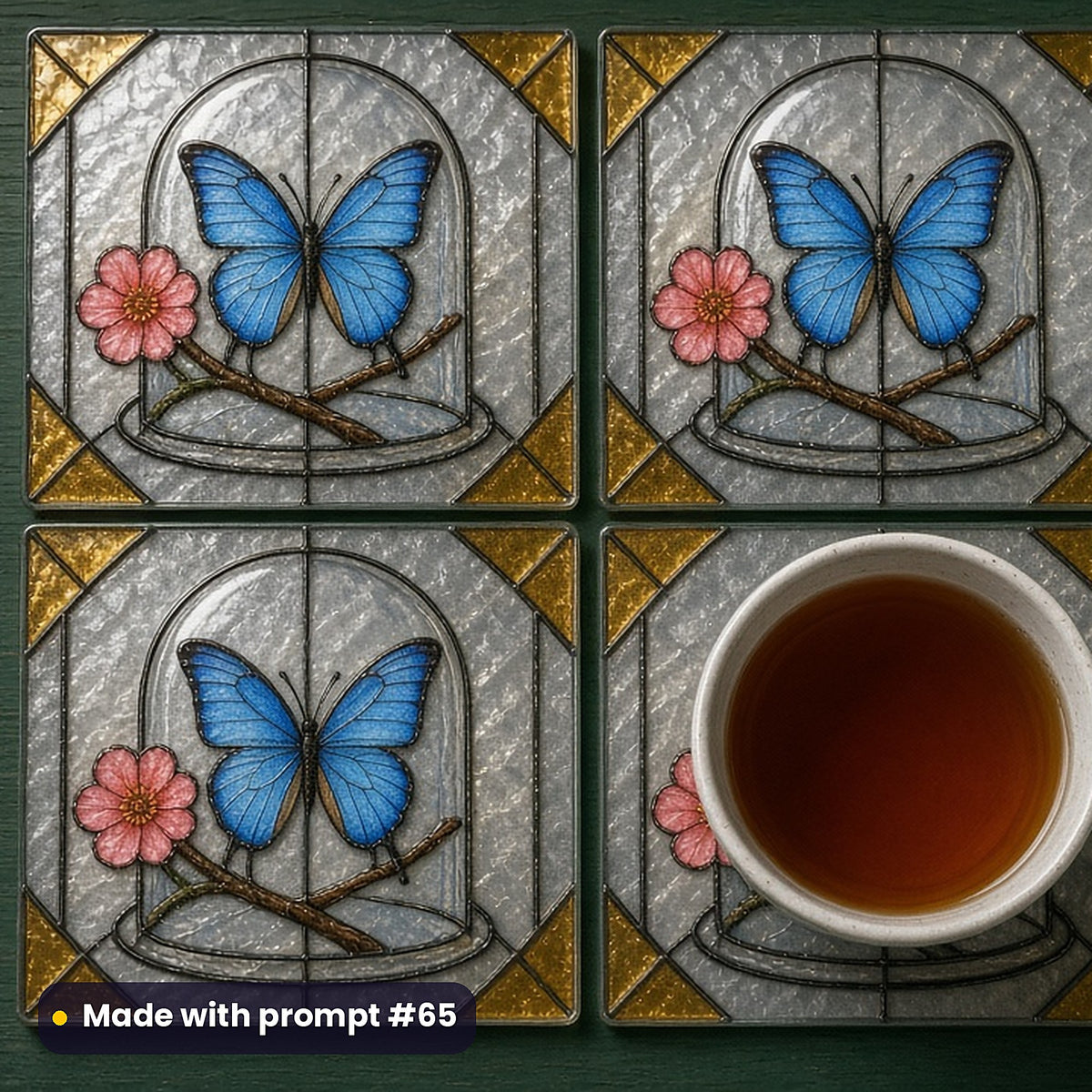 Cabinets of Curiosities stained glass prompt pack: set of UV-printed glass coasters mockup, made with prompt #65