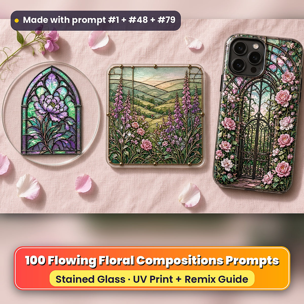 Flowing Floral Compositions stained glass prompt pack: UV-printed suncatcher, coaster and phone case set mockup, made with prompt #1 + #48 + #79