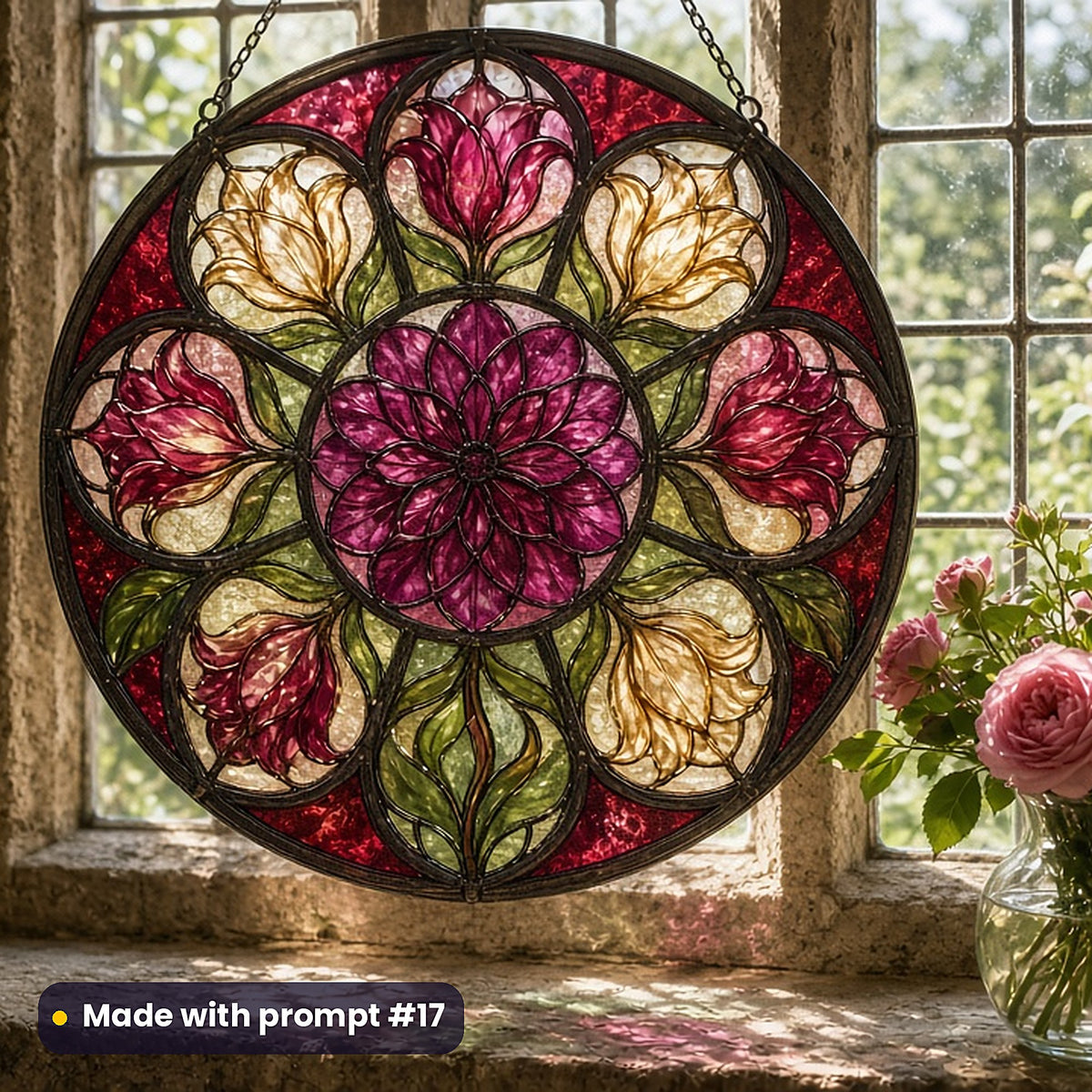 Flowing Floral Compositions stained glass prompt pack: UV-printed acrylic suncatcher in a window mockup, made with prompt #17