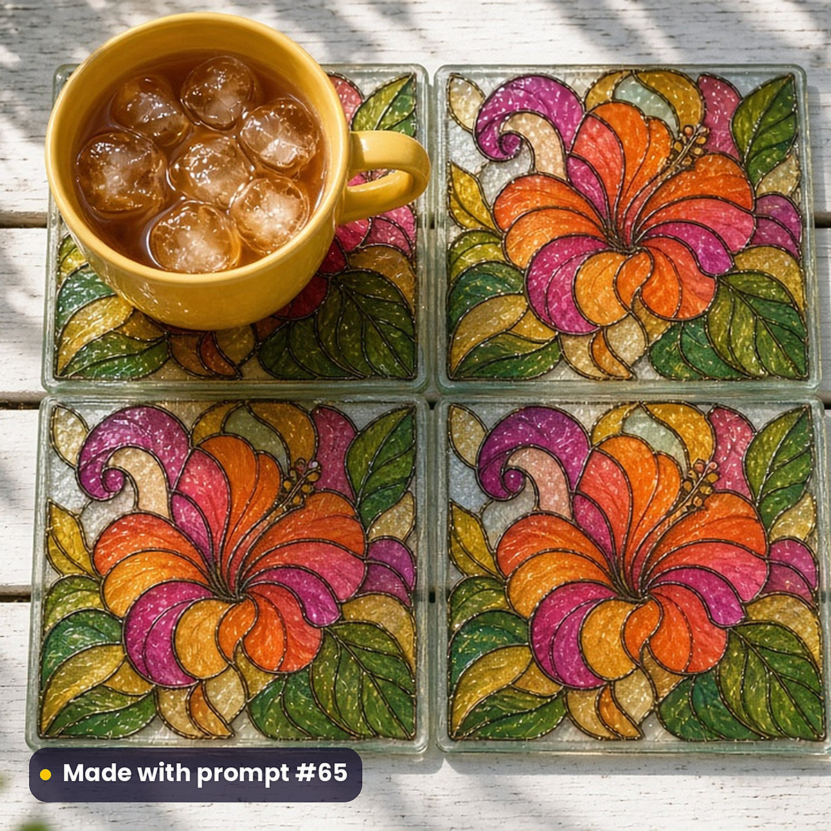Flowing Floral Compositions stained glass prompt pack: set of UV-printed glass coasters mockup, made with prompt #65