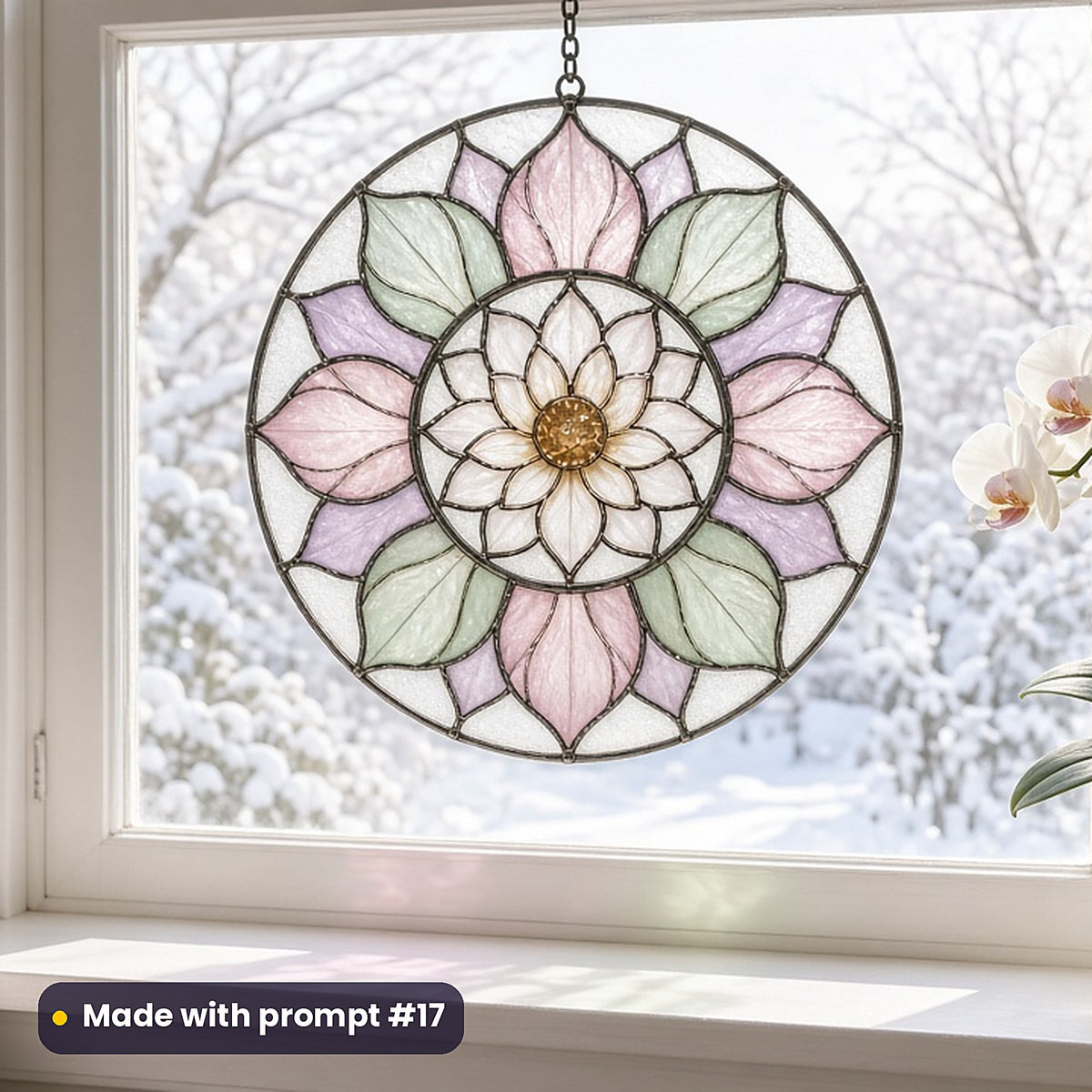 Lotus Flowers stained glass prompt pack: UV-printed acrylic suncatcher in a window mockup, made with prompt #17