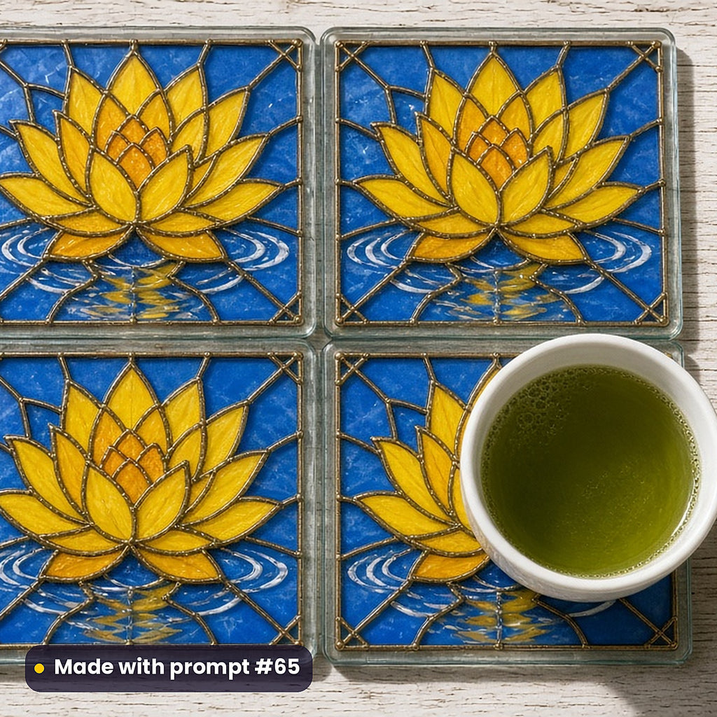 Lotus Flowers stained glass prompt pack: set of UV-printed glass coasters mockup, made with prompt #65