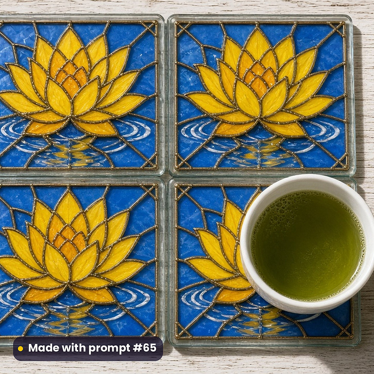 Lotus Flowers stained glass prompt pack: set of UV-printed glass coasters mockup, made with prompt #65