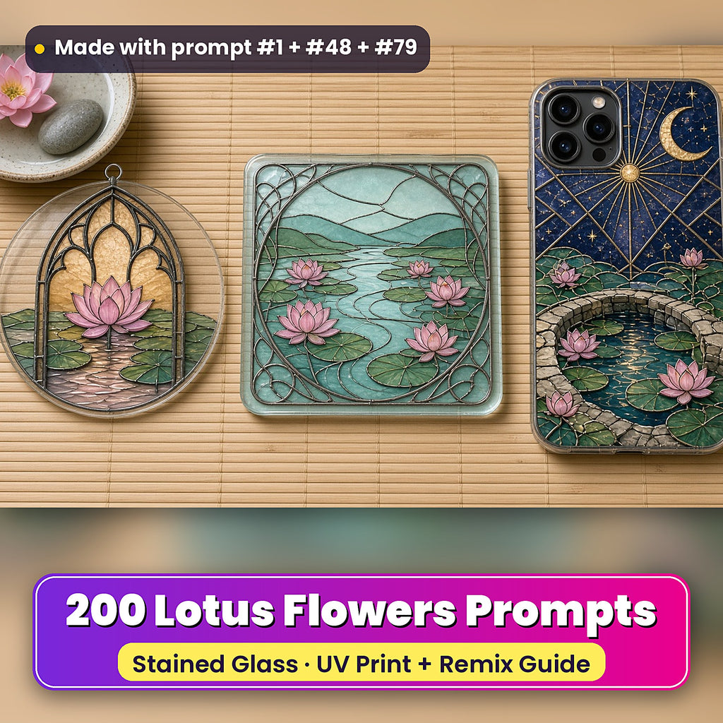 Lotus Flowers stained glass prompt pack, 200 prompts: UV-printed suncatcher, coaster and phone case set mockup, made with prompt #1 + #48 + #79