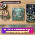 Lotus Flowers stained glass prompt pack, 200 prompts: UV-printed suncatcher, coaster and phone case set mockup, made with prompt #1 + #48 + #79