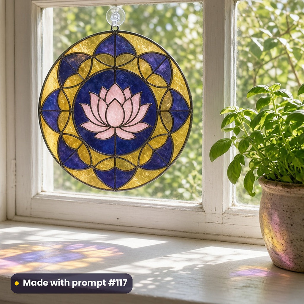 Lotus Flowers Botanical stained glass suncatcher in a sunny window mockup, made with prompt #117