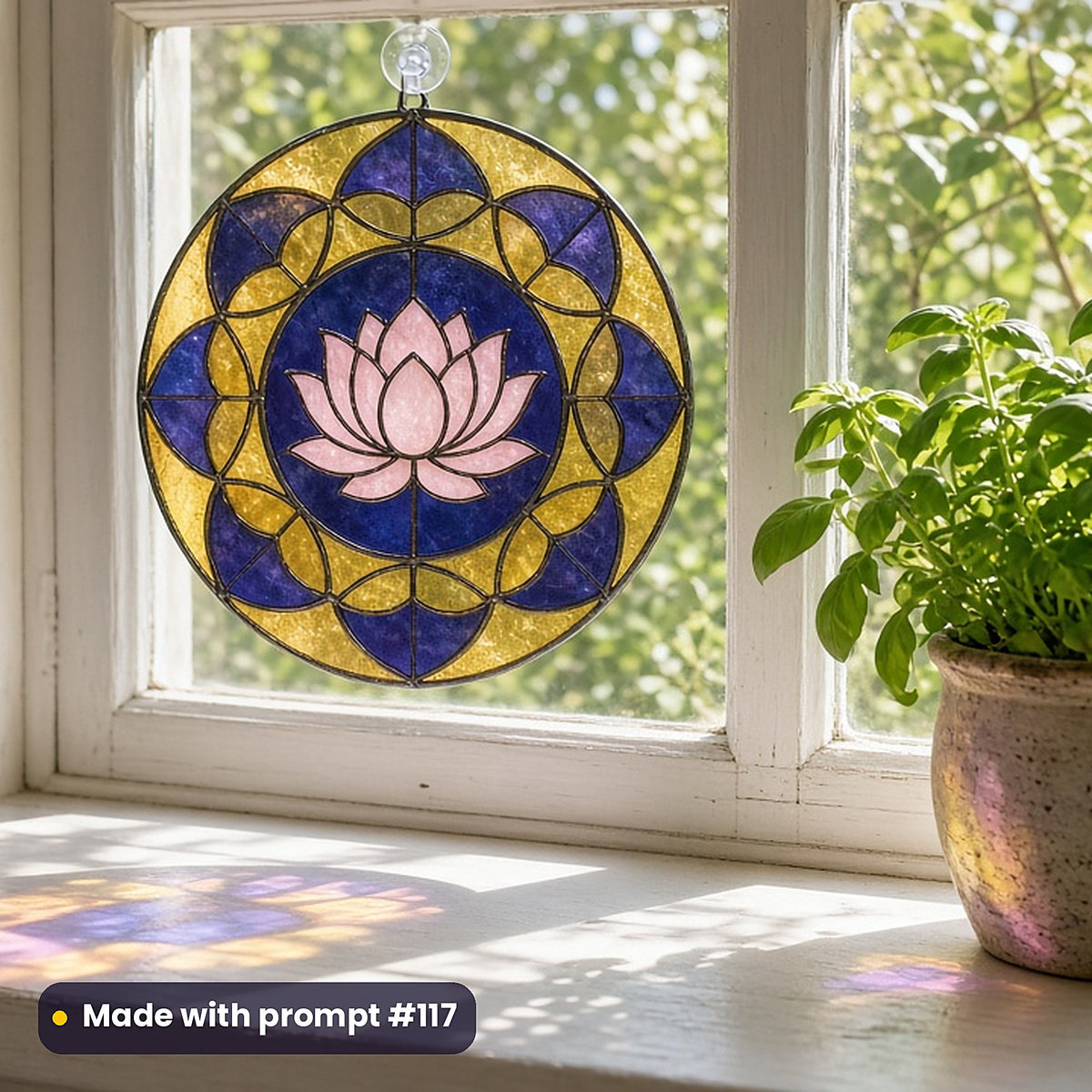 Lotus Flowers Botanical stained glass suncatcher in a sunny window mockup, made with prompt #117