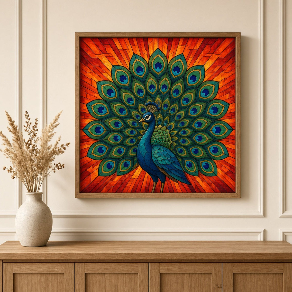 Peacocks printed flat on a framed print, made with prompt #9: a peacock with its teal and emerald tail fanned in an arc against fiery orange and red Art Deco rays