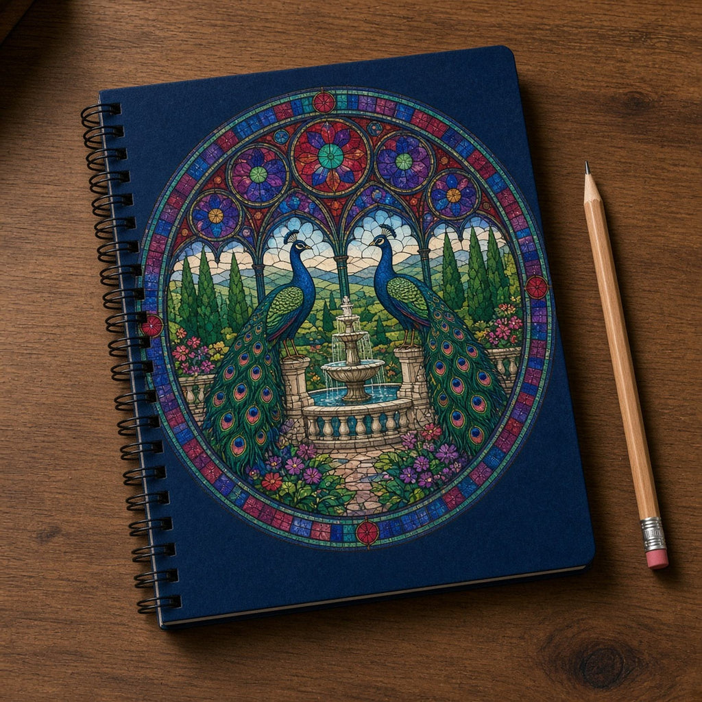 Peacocks printed flat on a notebook, made with prompt #47: two peacocks on a garden balustrade by a fountain with cypress trees and hills under jewel-tone rose windows
