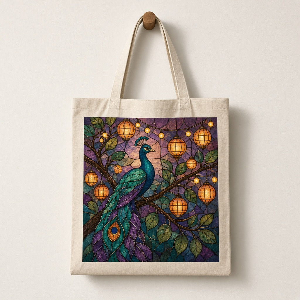Peacocks printed flat on a tote bag, made with prompt #84: a peacock perched on a branch among glowing amber festival lanterns against plum and teal mottled glass
