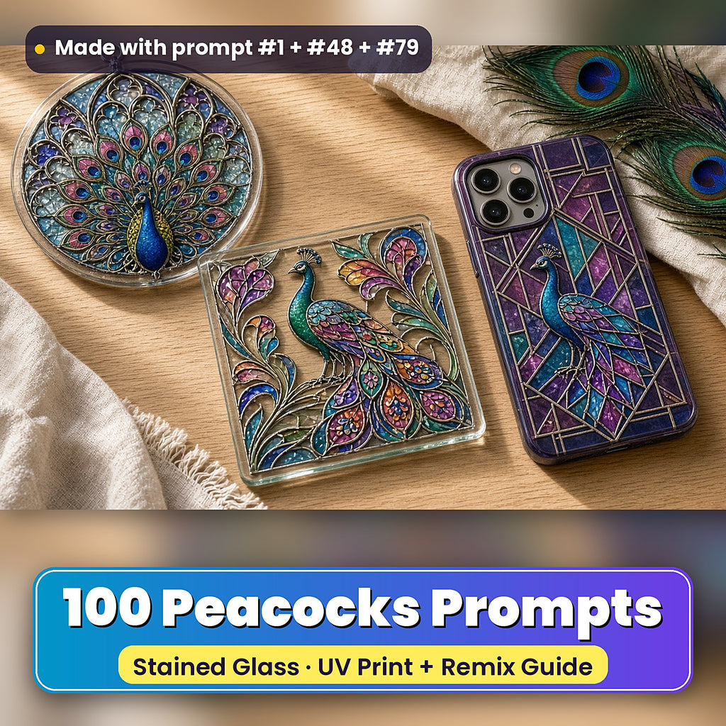 Peacocks stained glass prompt pack: UV-printed suncatcher, coaster and phone case set mockup, made with prompt #1 + #48 + #79