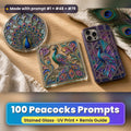 Peacocks stained glass prompt pack: UV-printed suncatcher, coaster and phone case set mockup, made with prompt #1 + #48 + #79