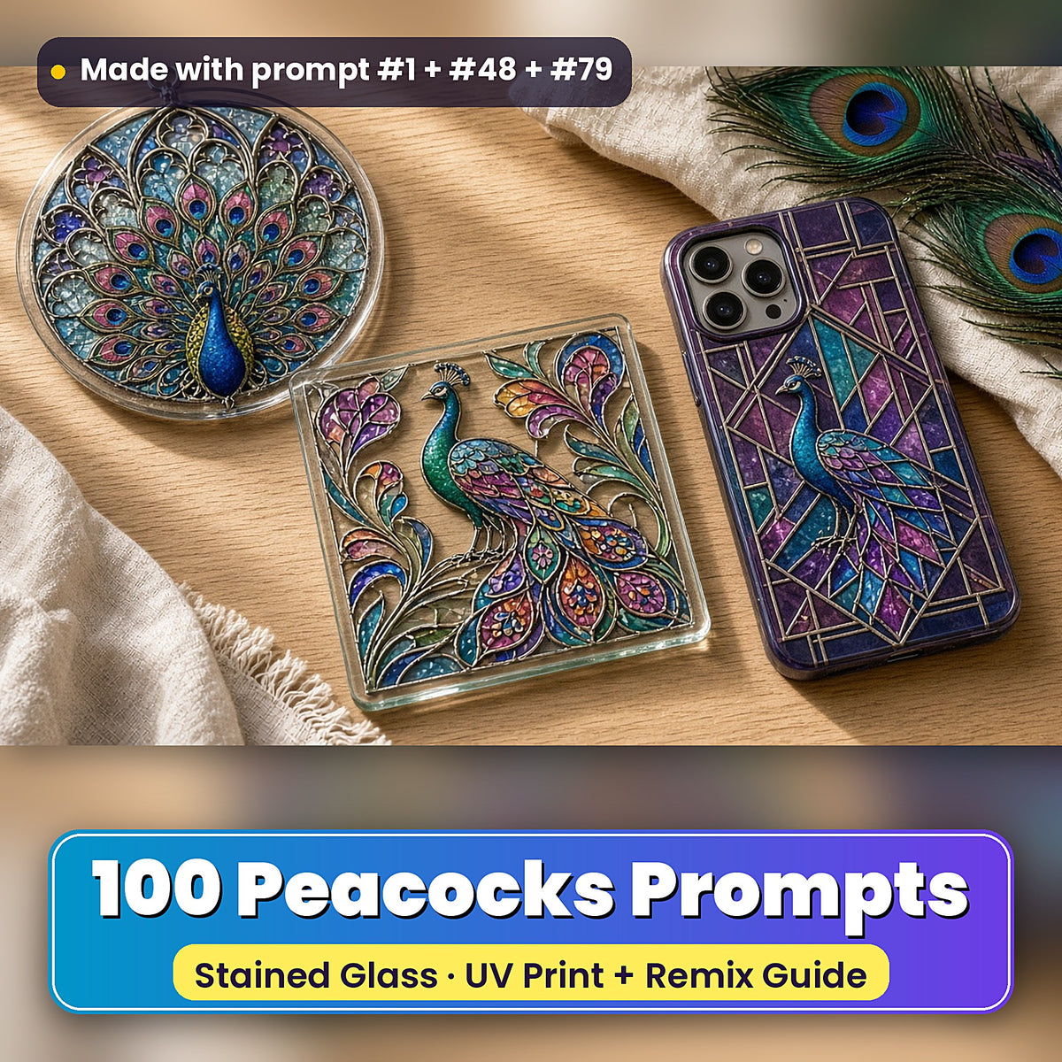 Peacocks stained glass prompt pack: UV-printed suncatcher, coaster and phone case set mockup, made with prompt #1 + #48 + #79