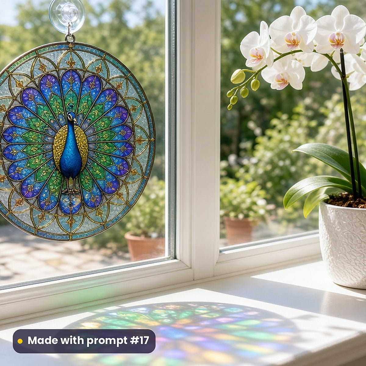 Peacocks stained glass prompt pack: UV-printed acrylic suncatcher in a window mockup, made with prompt #17