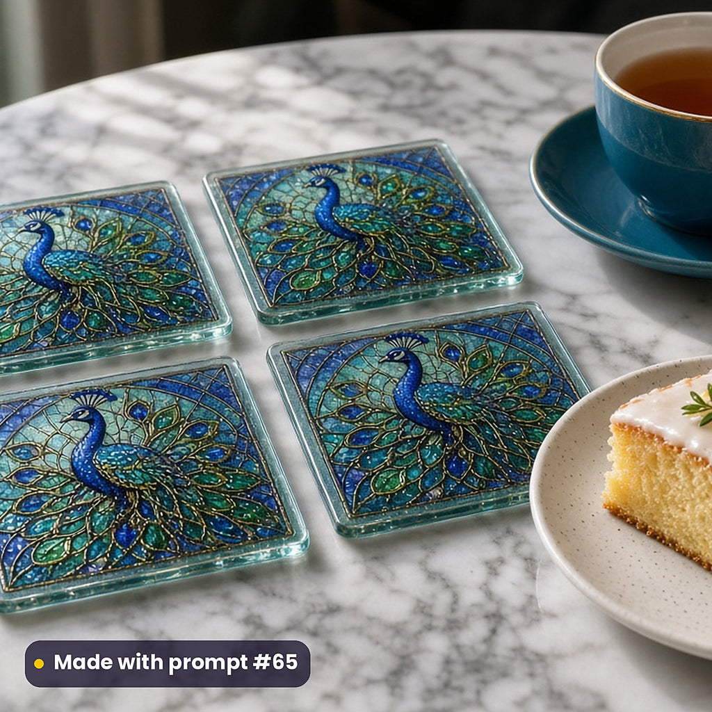 Peacocks stained glass prompt pack: set of UV-printed glass coasters mockup, made with prompt #65