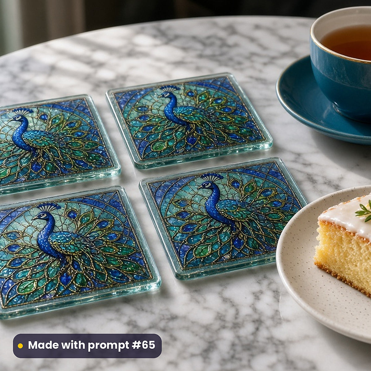 Peacocks stained glass prompt pack: set of UV-printed glass coasters mockup, made with prompt #65
