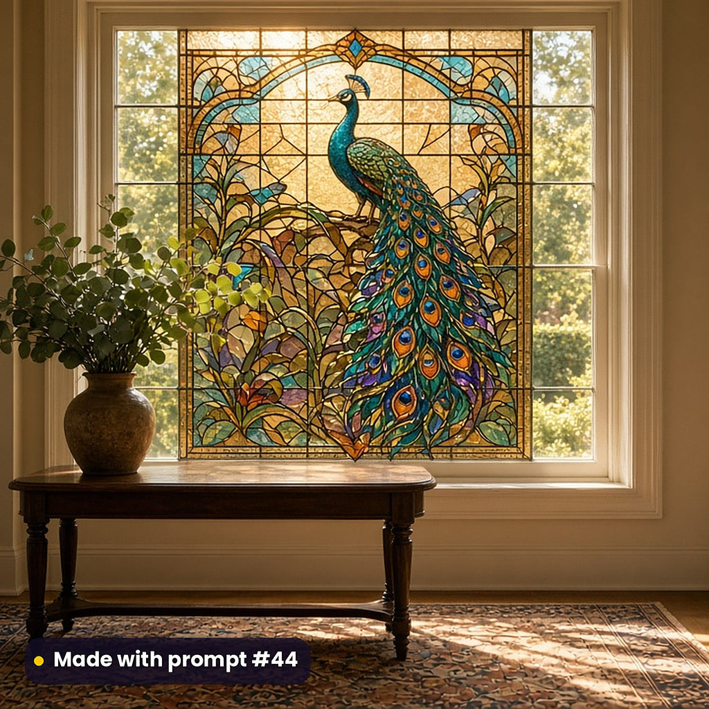 Peacocks stained glass prompt pack: faux stained glass window panel mockup, made with prompt #44