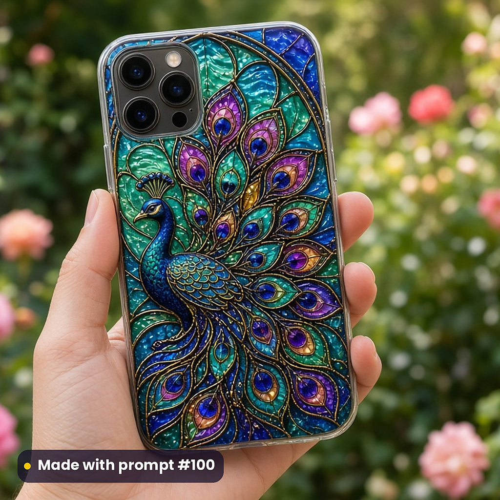 Peacocks stained glass prompt pack: UV-printed phone case mockup, made with prompt #100