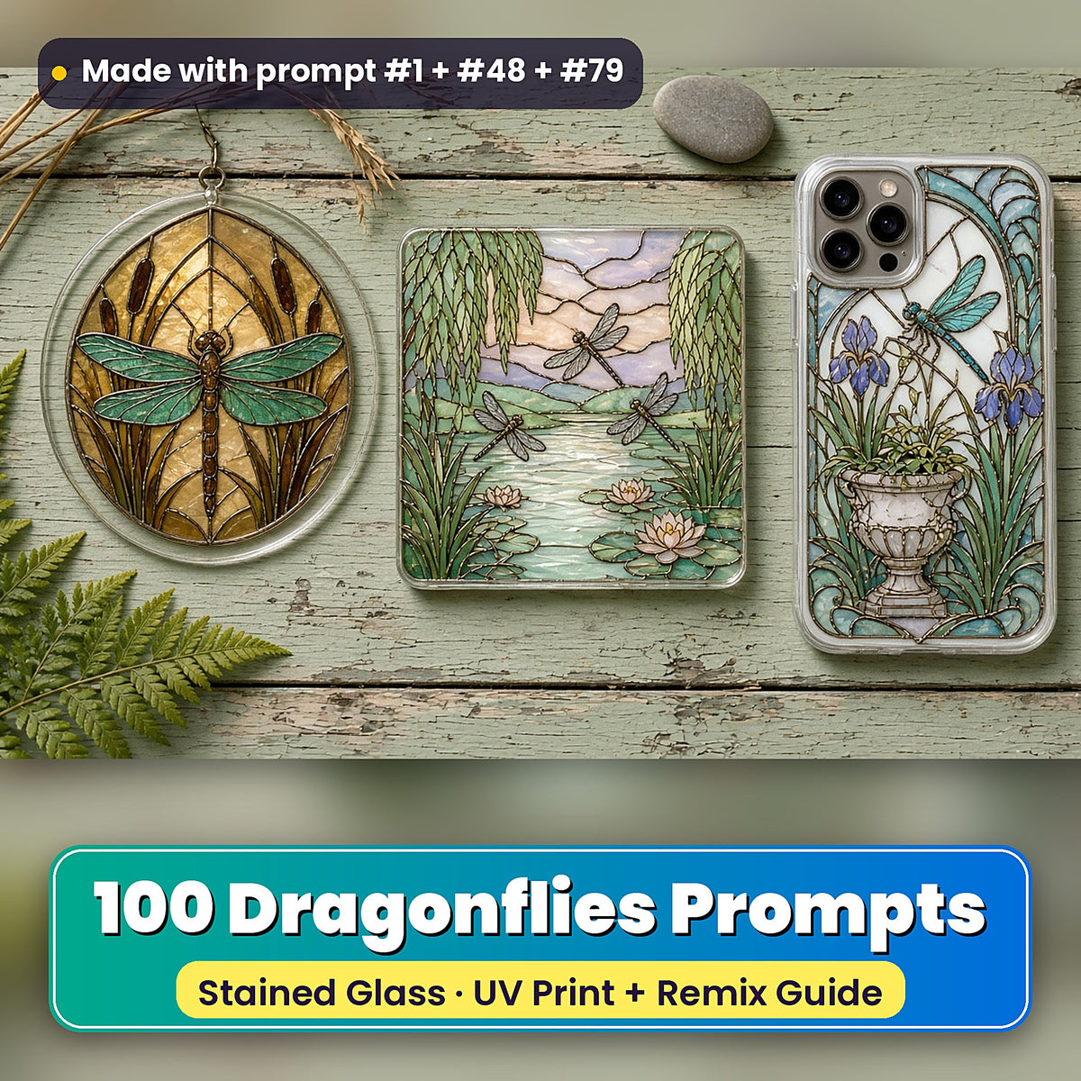 Dragonflies stained glass prompt pack: UV-printed suncatcher, coaster and phone case set mockup, made with prompt #1 + #48 + #79