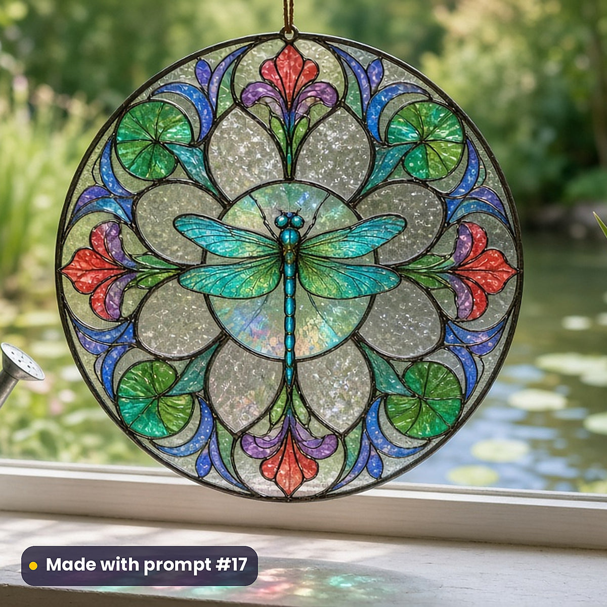 Dragonflies stained glass prompt pack: UV-printed acrylic suncatcher in a window mockup, made with prompt #17