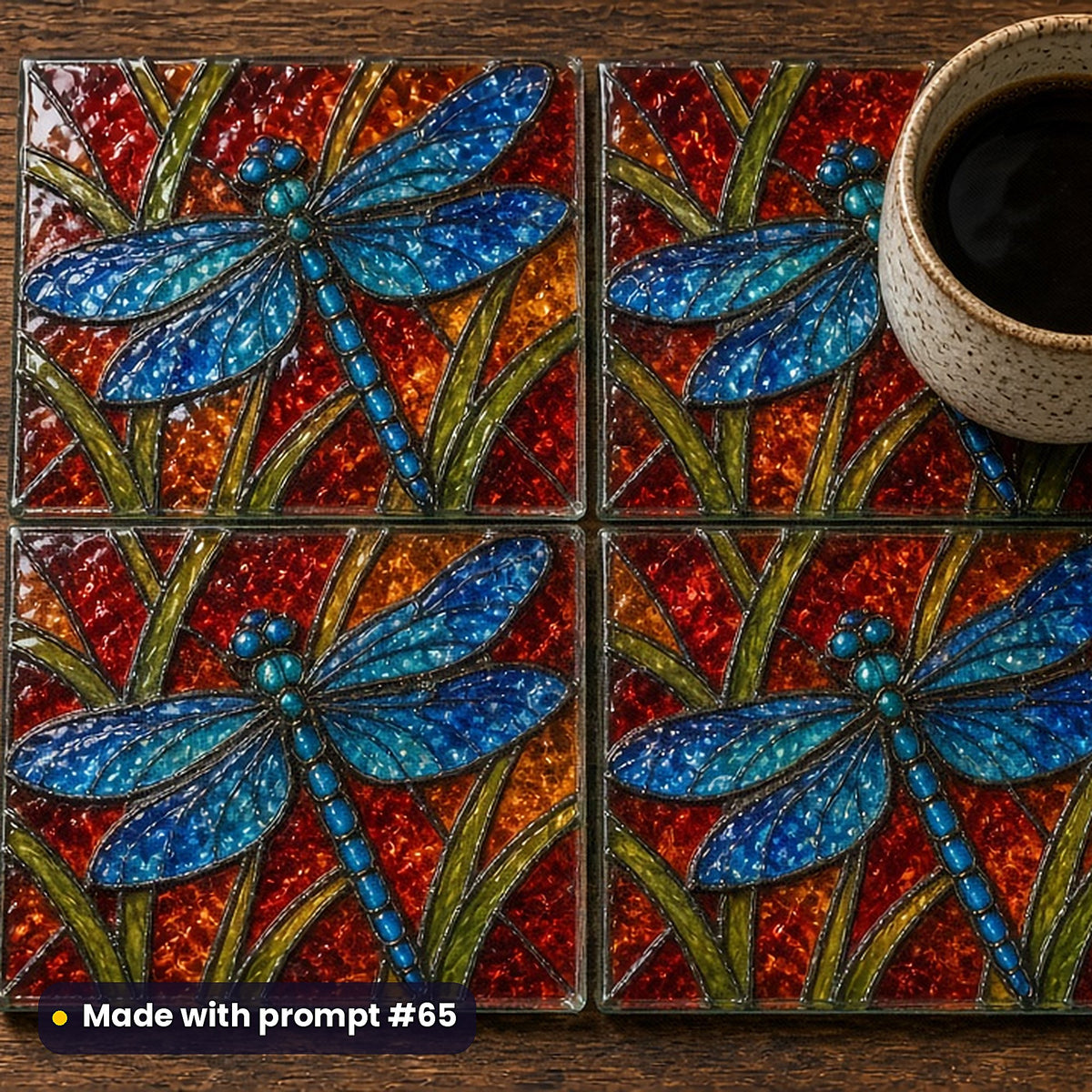 Dragonflies stained glass prompt pack: set of UV-printed glass coasters mockup, made with prompt #65