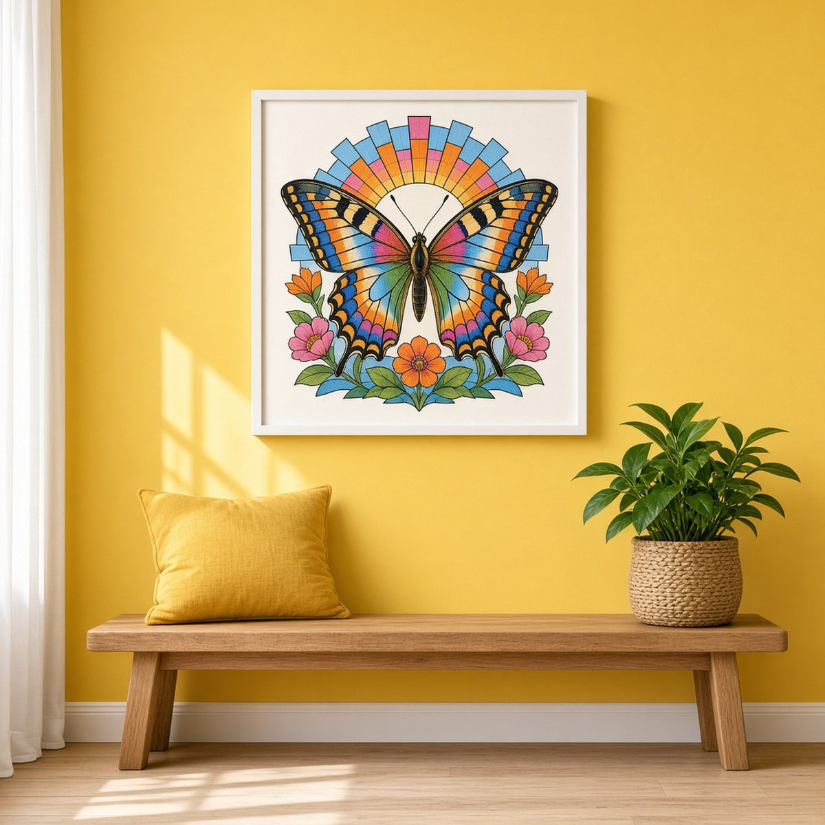 Art Deco stained-glass swallowtail butterfly with open wings over flowers and a sunburst shown as a flat framed print above a bench, made with prompt #9