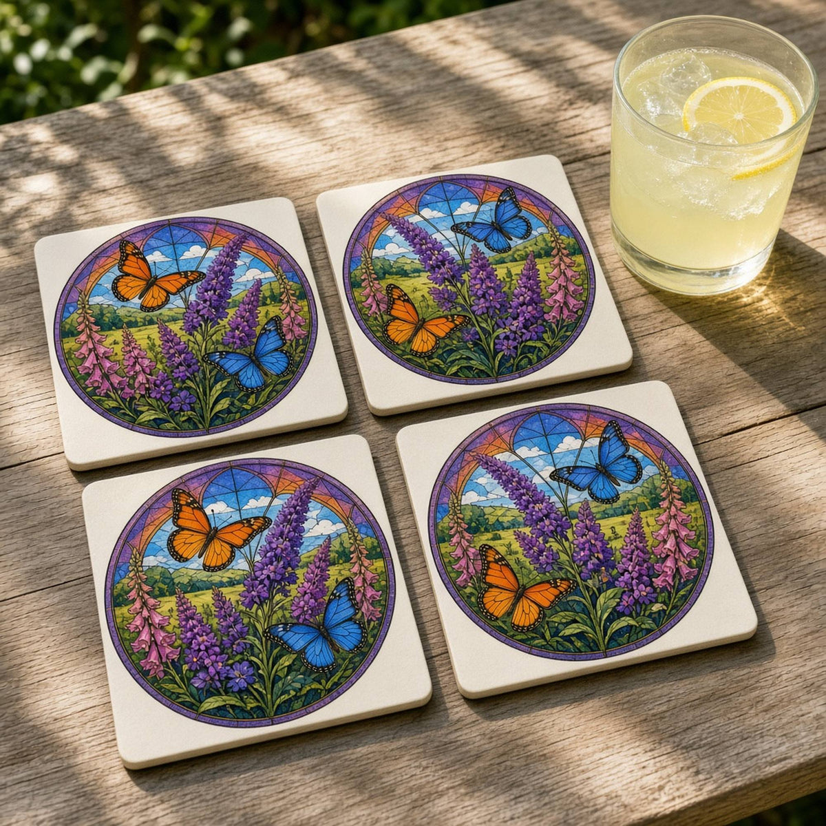 Rose-window stained-glass butterflies over buddleia and foxgloves in a summer meadow printed flat on a set of four coasters, made with prompt #47