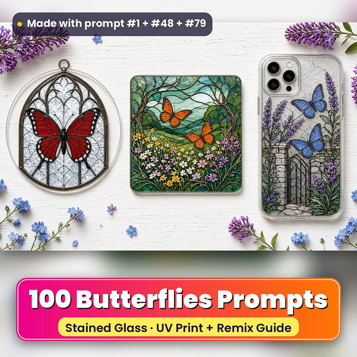 Butterflies stained glass prompt pack: UV-printed suncatcher, coaster and phone case set mockup, made with prompt #1 + #48 + #79