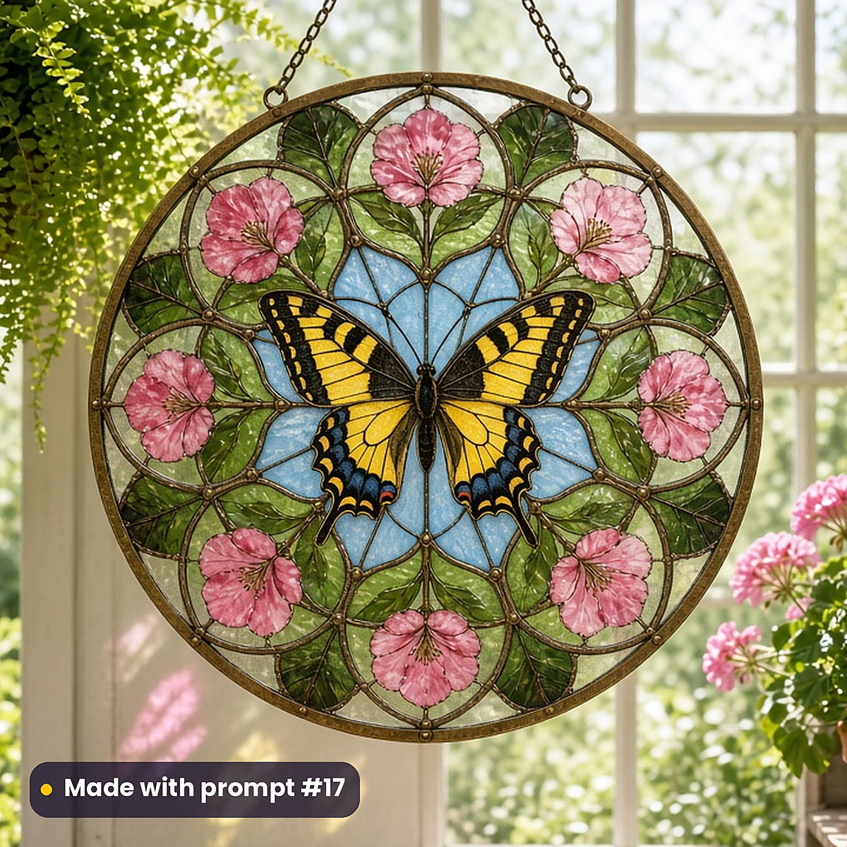 Butterflies stained glass prompt pack: UV-printed acrylic suncatcher in a window mockup, made with prompt #17